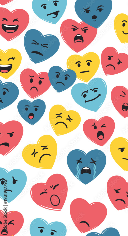 Fototapeta premium Seamless Pattern of Colorful Cartoon Hearts Displaying Various Emotions and Complex Human Feelings