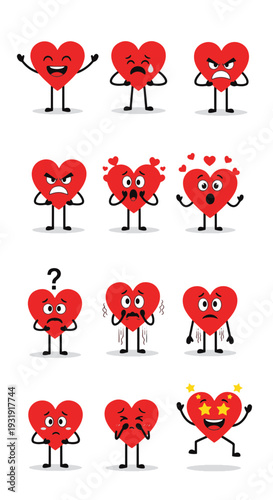 Set of Cute Red Heart Cartoon Characters Expressing Various Human Emotions and Feelings in a Collection