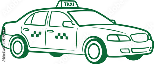 An illustrative green line art taxi vehicle on white background, vector illustration