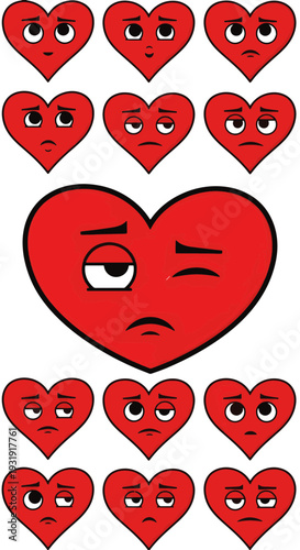 Many Unhappy Red Heart Faces Showing Feelings of Stress Sadness Anxiety and General Concern