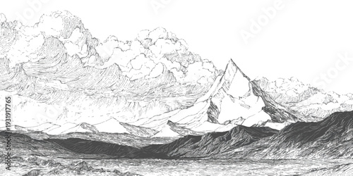 Hand drawn black and white sketch of majestic mountain peaks in the alps landscape vector illustration for travel and adventure