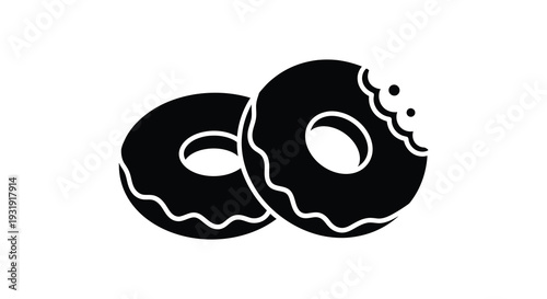 Two black donuts with a bite taken simple design silhouette