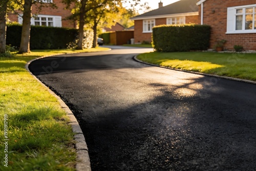 Freshly sealed black asphalt driveway leading to suburban home, glossy wet surface reflecting light, surrounded by green lawn, showcasing residential property maintenance and renovation concept.