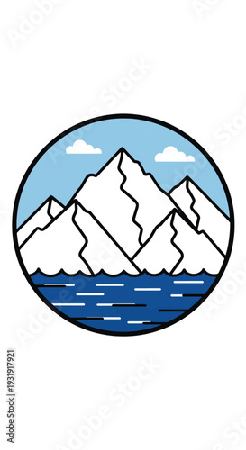 Majestic Snow capped Mountains Rising Above Calm Blue Water with White Clouds Simple Nature Scene