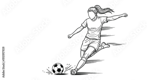 A Female athlete in athletic wear powerfully kicks a soccer ball, demonstrating motion blur.