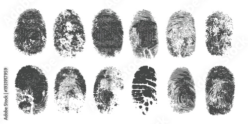 Collection of black grunge fingerprint textures for biometric identification security and forensic evidence design vector illustration