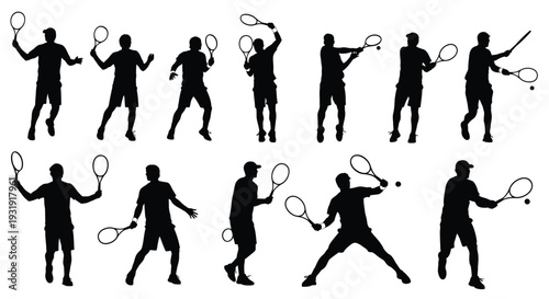Multiple male silhouettes are depicted in various tennis-playing poses, holding rackets and interacting with a ball on white.