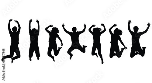 A diverse collection of human silhouettes in mid-air leaps, expressing joy and freedom against a plain white background.