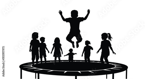 A group of diverse children's silhouettes joyfully bounce and play together on a large trampoline under a bright sky.