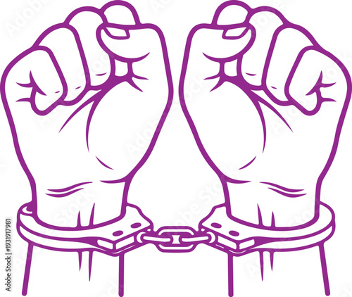 Two strong fists are chained together by heavy handcuffs., vector illustration