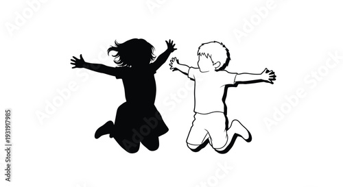 Two children, one in silhouette and one in outline, jump with outstretched arms on a white background.