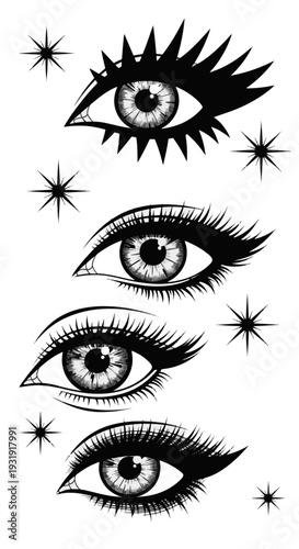 Stylized Human Eyes with Diverse Eyelash Styles Surrounded by Cosmic Stars for Fashion Design