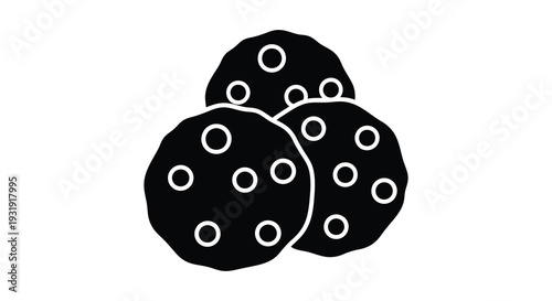 Three chocolate chip cookies dark outline against a white background silhouette