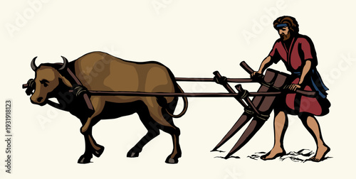 Vector drawing. Old wooden plow