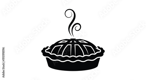 A black silhouette of a freshly baked apple pie with rising steam silhouette