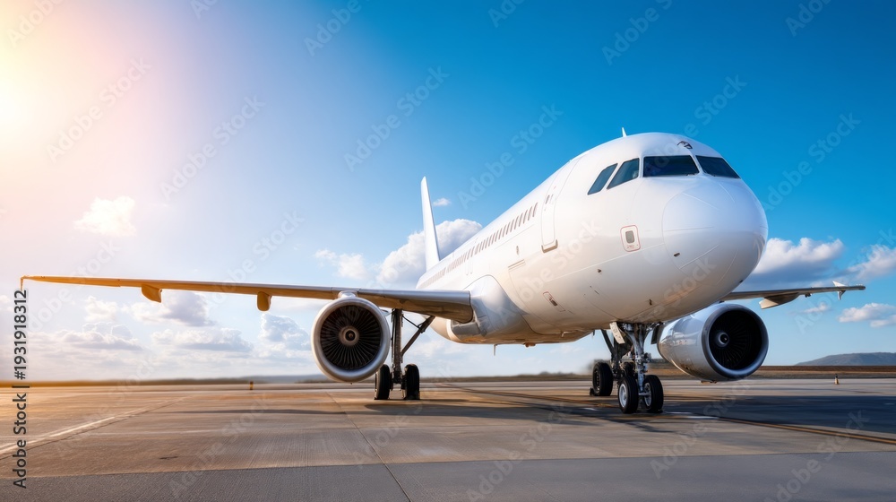 Fototapeta premium Clear Sunny Day with Aircraft on Tarmac in Bright Blue Sky
