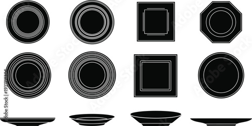  Collection of twelve black and white plate silhouettes showing diverse shapes, rim designs, and side profiles for tableware catalog, kitchenware design, and culinary reference illustration