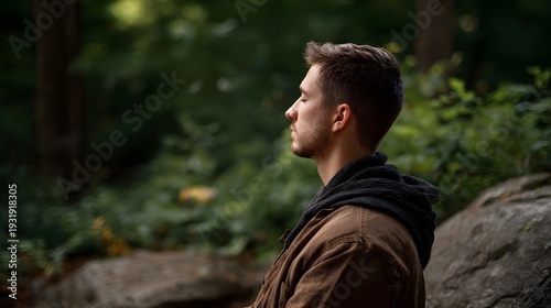 Man in profile meditating with eyes closed in a serene forest embracing nature s quiet peace