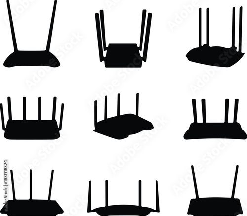 Collection of wireless router silhouettes with multiple antenna designs, modern technology equipment icons in black isolated vector set for internet connectivity and network illustration