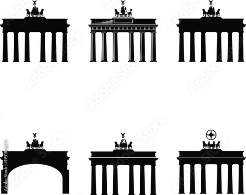 Brandenburg Gate silhouette icons, Berlin landmark, historic monument, architectural variations, Quadriga chariot, arch design, cultural heritage illustration
