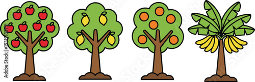 Colorful fruit tree illustration featuring apples, lemons, oranges, and bananas, perfect for educational materials, children’s learning visuals, healthy lifestyle concepts, and organic food design.