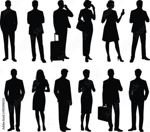 Business professionals silhouettes, corporate office workers, diverse teamwork poses, leadership gestures, communication icons, workplace diversity, collaboration illustration, professional business 
