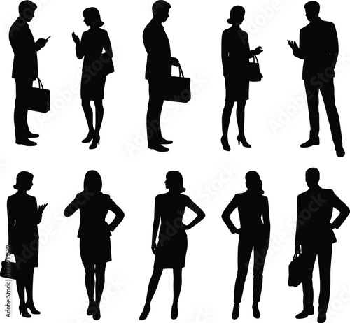 Business professionals silhouettes, corporate team diversity, office workers standing, executives with briefcases, mobile communication, teamwork concept, leadership, modern workplace illustration