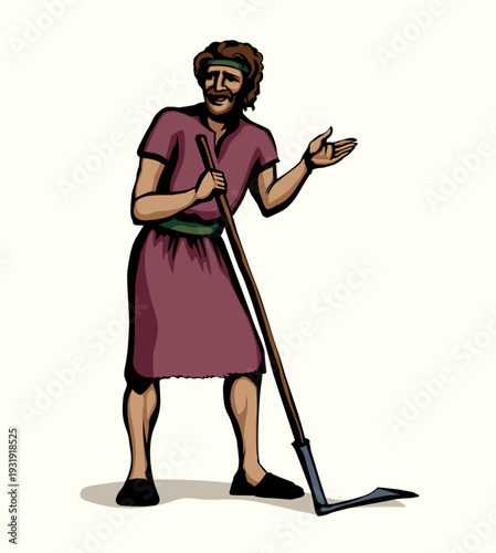 Vector drawing. A man with an old scythe