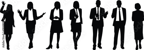 Business professionals silhouettes, teamwork diversity, corporate communication, office staff standing, business attire group, leadership concept, professional collaboration illustration