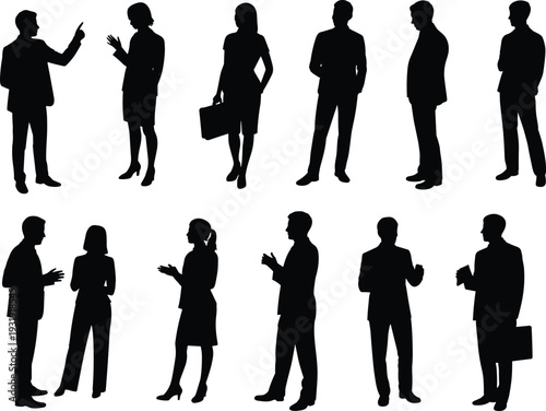 Business professionals silhouettes, corporate teamwork poses, office communication, leadership gestures, workplace diversity, collaboration icons, business meeting illustration