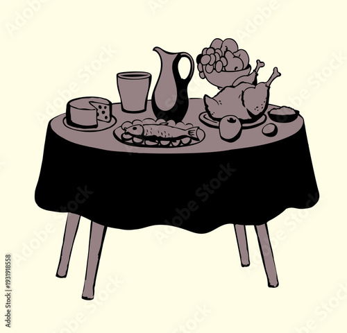 Vector drawing. Tasty feast food