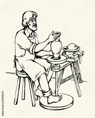 Vector drawing. Potter makes a jug