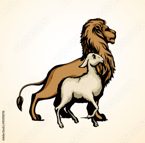 Vector drawing. Lion and lamb walks together