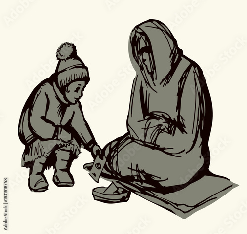 Vector Drawing. Girl askng for Alms