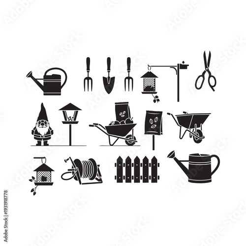 Gardening equipment and outdoor tools black silhouette collection