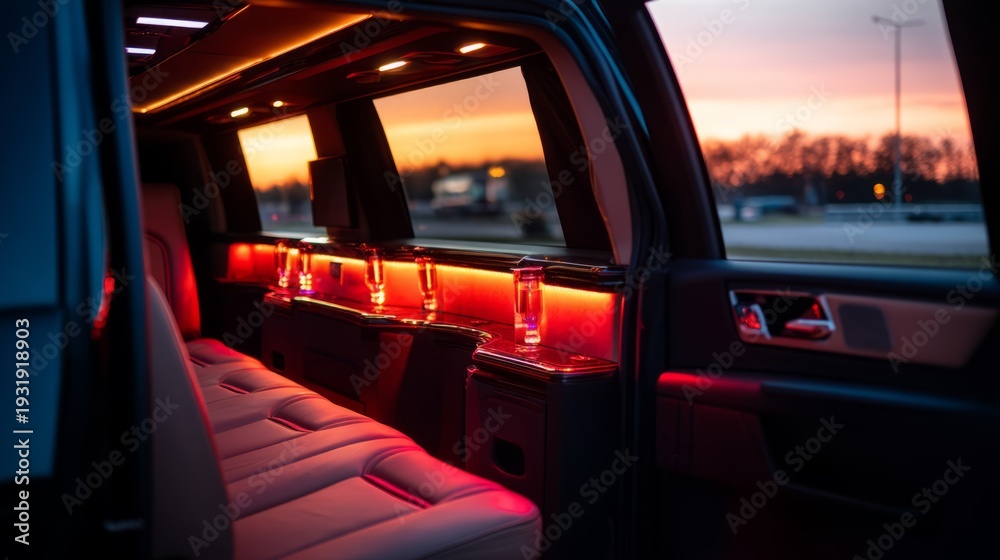 Fototapeta premium Elegant Vehicle Cabin Interior During Evening Celebration with Ambient Lighting