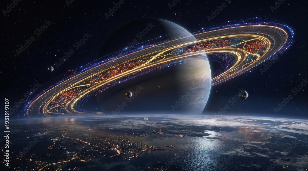 Fototapeta premium Futuristic planet with glowing rings above futuristic city on planet