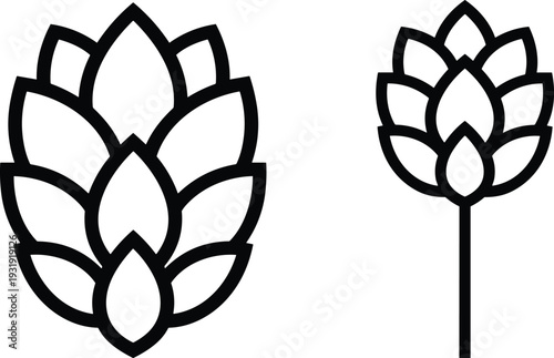 Hop Flower Outline Icon and Plant Stem Symbol Black and White Vector Illustration Brewing Ingredient Botanical Design