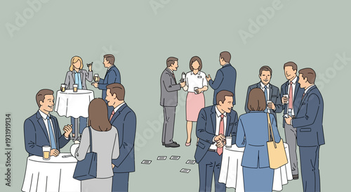 A diverse group of business professionals networking and engaging in conversation at a conference