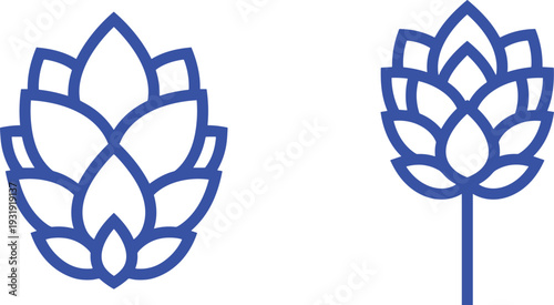 Blue Hop Flower Icon and Plant Stem Symbol Vector Illustration Brewing Ingredient Botanical Design Isolated on White Background