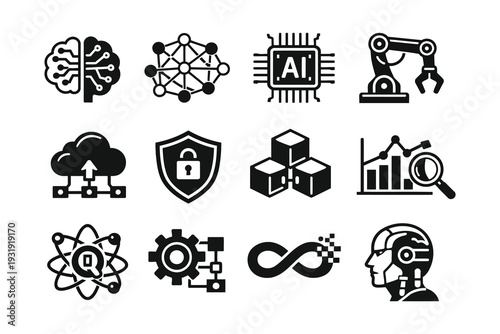 Icons representing various aspects of modern technology and artificial intelligence fields