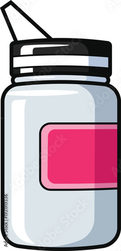 White plastic bottle with black cap and pink label