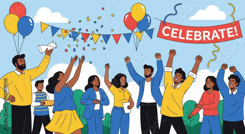 Diverse group of people celebrating with balloons confetti and banner, illustration of team