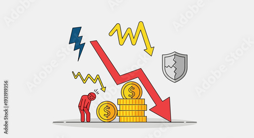 Economic downturn illustration depicting financial crisis and recession impact on investors with