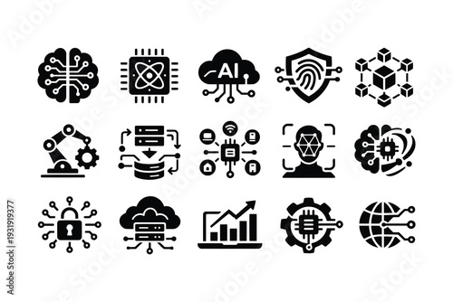 Modern icons representing various aspects of technology and data management