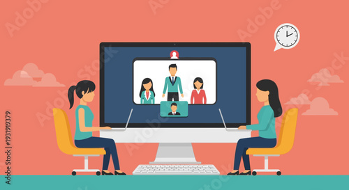 Online meeting illustration showing teamwork and communication during a virtual conference call