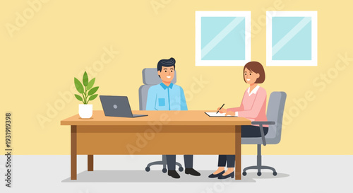 Cartoon illustration depicting a job interview scenario with a business setting and two characters