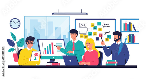 Team collaboration during business presentation with data analysis and project planning discussion
