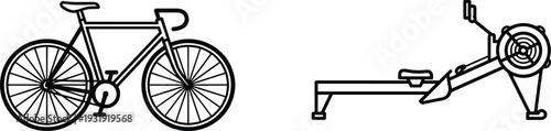 Bicycle and Rowing Machine Outline Vector Illustration Fitness Equipment Icons Black and White Isolated on White Background