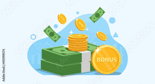Illustration showcasing financial bonus and incentives with money and golden coins, promoting